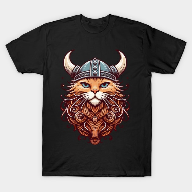 Funny Viking Warrior Cat Norse Mythology Cartoon Portrait T-Shirt by TomFrontierArt